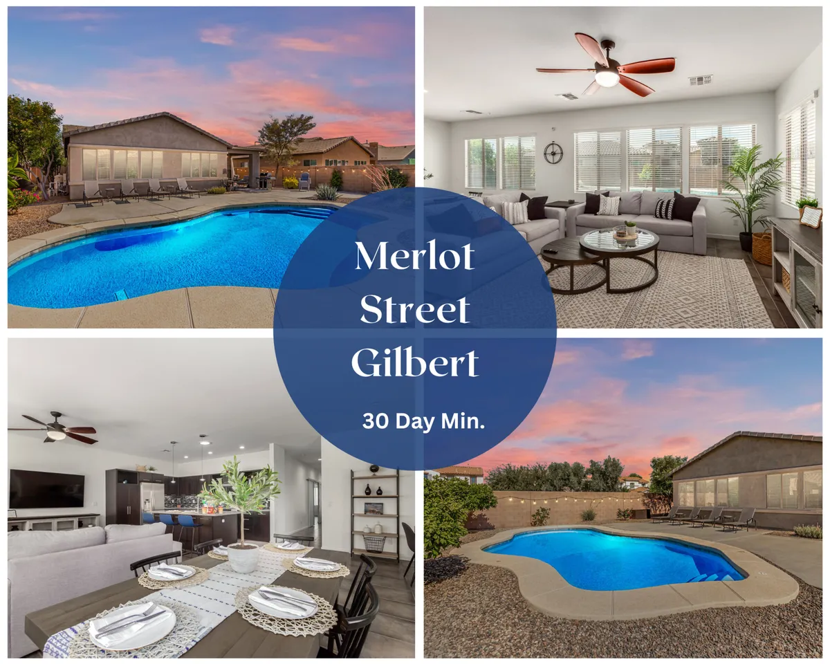 The image showcases the inviting exterior of a modern single-family home in Gilbert, Arizona. At the center is a sparkling heated swimming pool, framed by comfortable outdoor seating and a stylish dining area, all bathed in the soft glow of sunset. The open layout connects the pool area to the indoor living and dining spaces, and a cozy fire pit promises relaxed evenings outdoors.